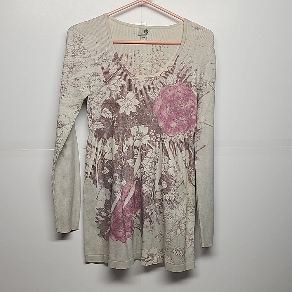 One World sz L beautiful flower long sleeve soft & feminine sweater dress/top